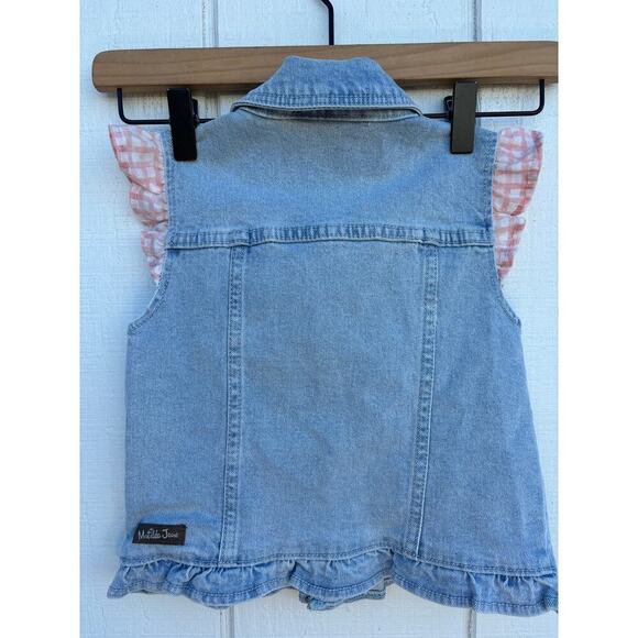 Matilda Jane Denim Jean Vest, Pink Ruffle Sleeves, Bow Pockets, Sz 6 - Picture 2 of 4